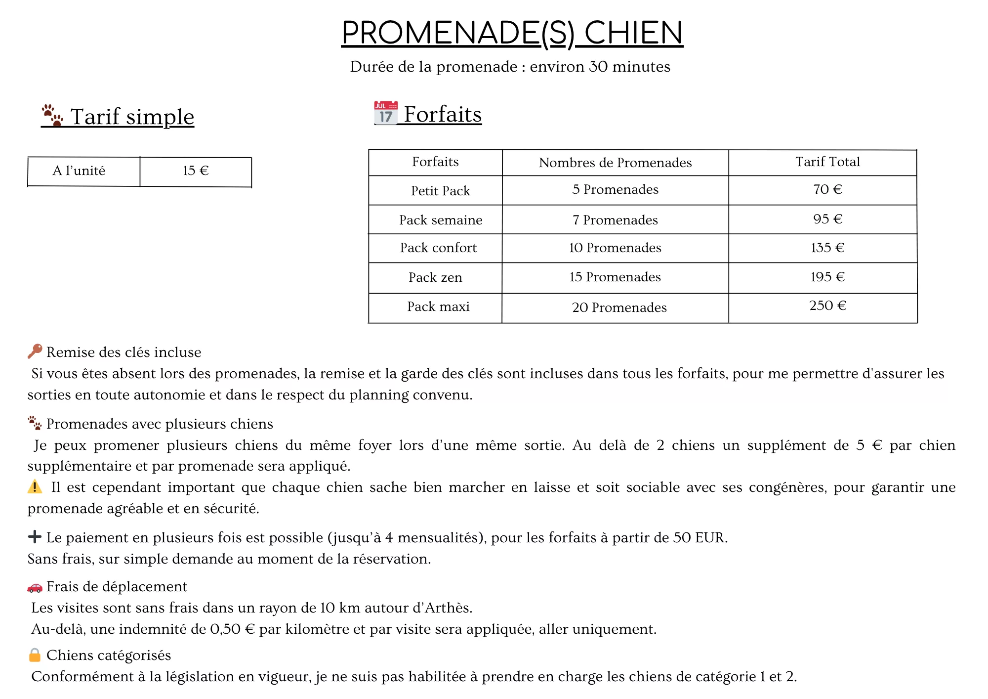 Tarifs Promenades chien